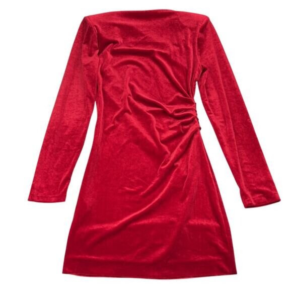 NWT ZARA Velvet Draped Asymmetric Neck Padded Shoulders Mini Dress Sz Medium Red - Picture 15 of 15